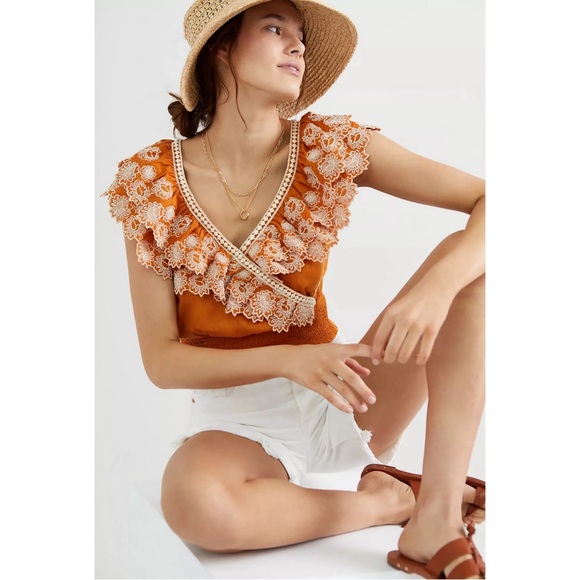 Anthropologie Embroidered Lace Blouse Dark Orange NWT Size XL - Picture 2 of 12